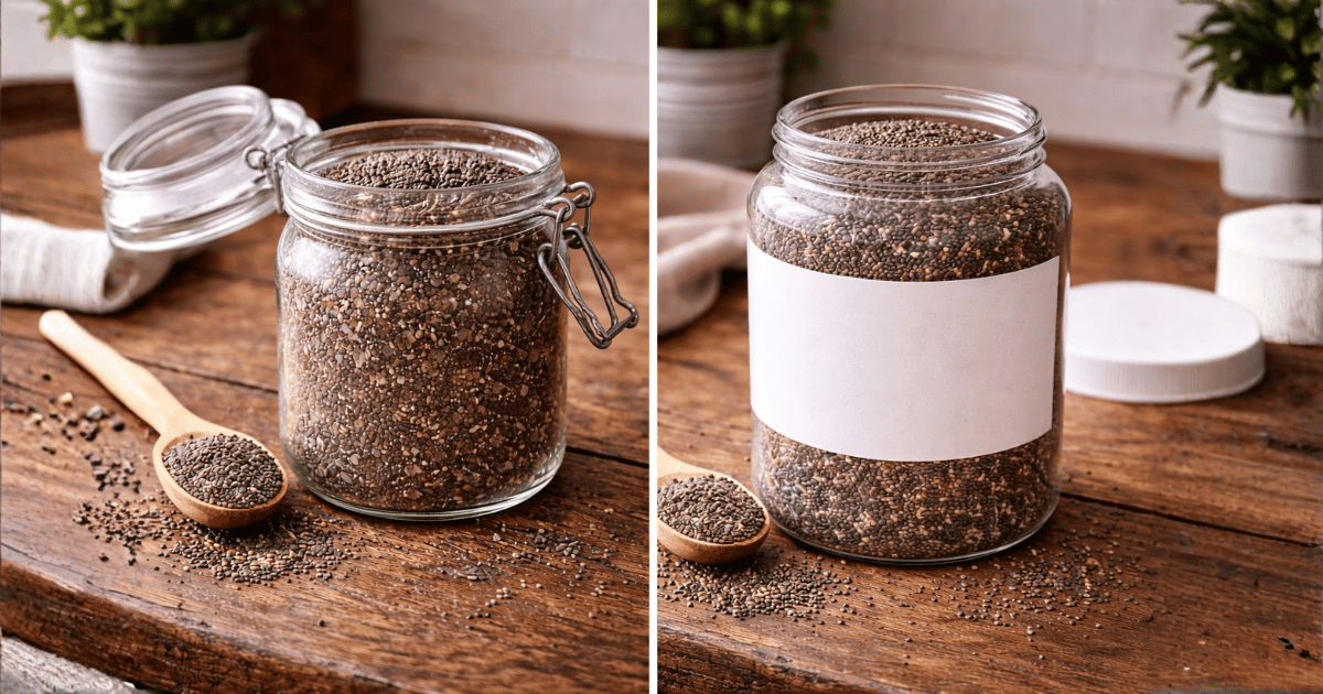 Semi di chia conservati in un barattolo di vetro a confronto con un contenitore in plastica: quale mantiene i semi asciutti e scorrevoli più a lungo